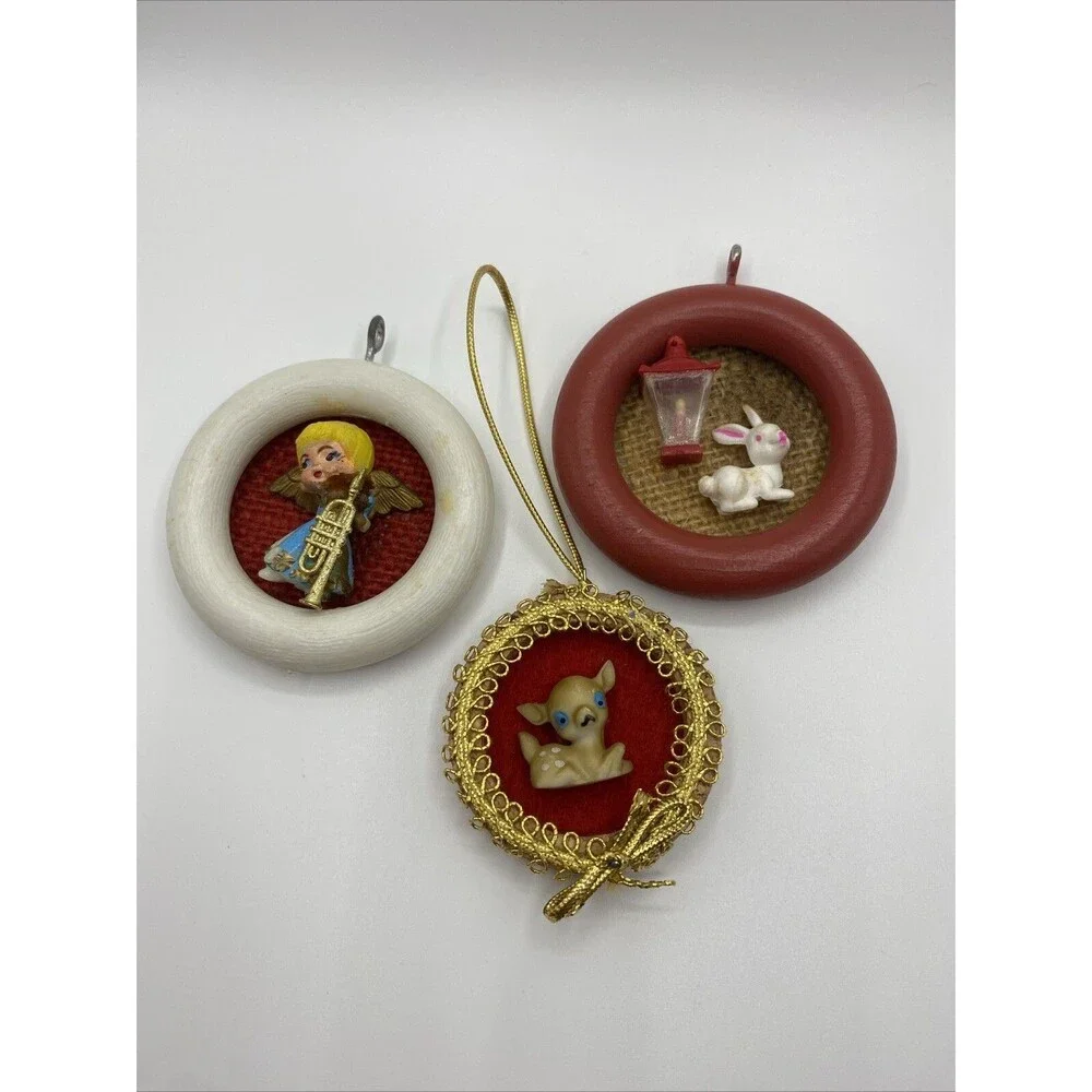 Vintage Christmas Handmade Ornaments Agel Lantern Bunny Deer Round Hanging